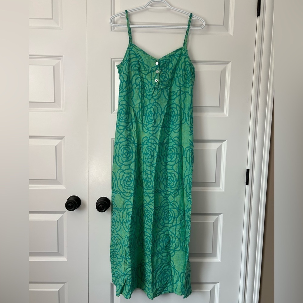 Flax Linen Teal Green Rose Floral Maxi Vacation Dress